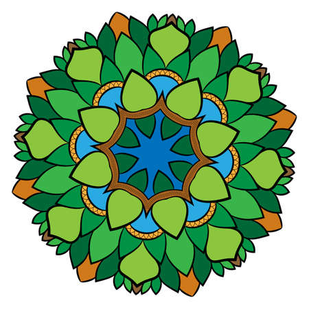 Colored mandala. Symmetrical pattern. Illustration for scrapbook. The template for printing. Picture for relaxation. Styling leaves.のイラスト素材