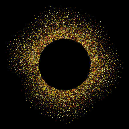 Gold festive frame. Round black background with shadow. Back from round sweets, glitter. A beautiful, bright template for a poster business card invitation card certificate web flyer logo.のイラスト素材
