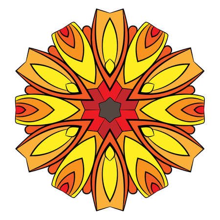 The colored mandala. Symmetrical pattern in a circle. The template for printing on fabric. Picture for meditation and relaxation. Octagonal graphic outlet. Stylization of sunflower.のイラスト素材