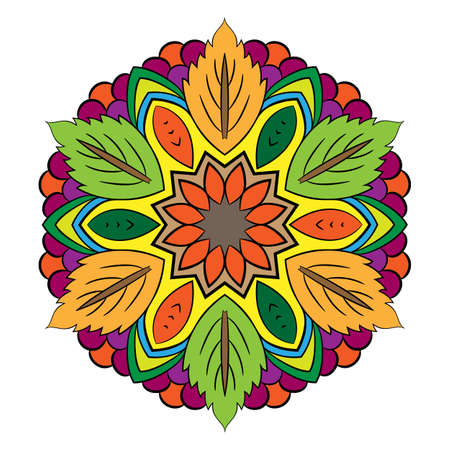 The colored mandala. Symmetrical pattern. The template for printing on fabric. Picture for meditation and relaxation. Octagonal graphic outlet. Styling leaves and berries.のイラスト素材