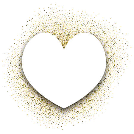 Gold festive frame. Background in the form of a heart. Round sweets, glitter. Template for a poster, business card, invitation card, certificate, web, flyer, logo, postcards for St. Valentine's Day.のイラスト素材