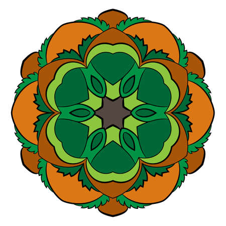The colored mandala. Symmetrical pattern in a circle. The template for printing on fabric. Picture for meditation and relaxation. Stylization of hazelnut.のイラスト素材