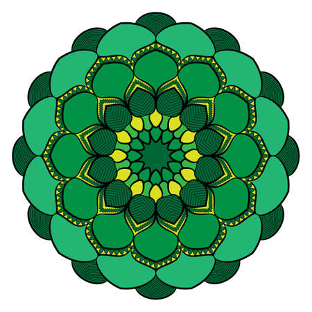 Colored mandala for color book. Symmetrical pattern in the circle.  Illustration for the album. Pattern for printing on fabrics. Figure for relaxation and meditation.のイラスト素材