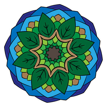 Colored mandala. Symmetrical pattern. Illustration for scrapbook. Picture for meditation and relaxation. Beautiful graphics for the album. Stylization of foliage.のイラスト素材
