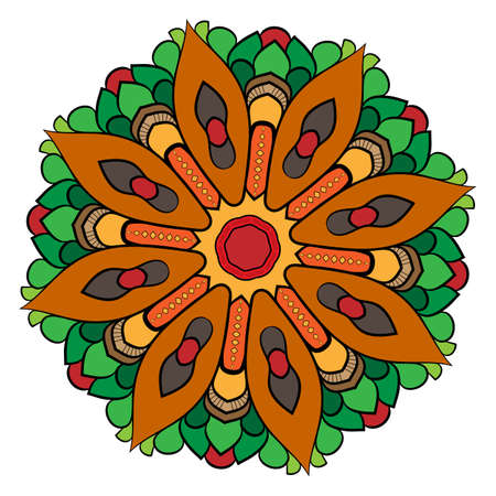 Colored mandala. Symmetrical pattern. Illustration for scrapbook. The template for printing. Picture for meditation and relaxation. Beautiful graphics for the album.のイラスト素材