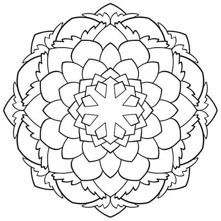 Monochrome mandala. Symmetrical pattern in the circle. Illustration for the album. Oriental ornate ornament with leaves. Beautiful outline for coloring.のイラスト素材