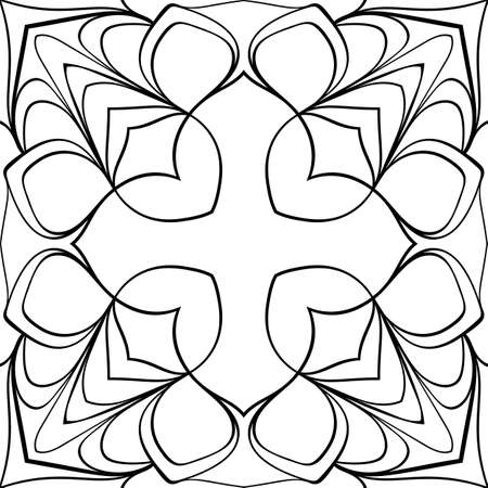 Monochrome mandala. Symmetrical pattern in the square. Contour illustration for color book. Eastern ornamental ornament.のイラスト素材