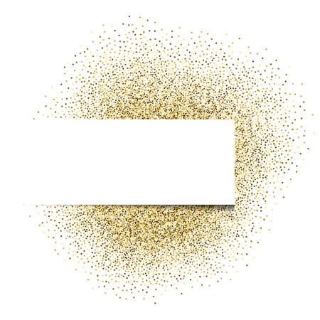 Gold festive frame. Background in the form of a sticker. Round sweets, glitter. A beautiful, bright template for a poster, business card, invitation card, certificate, web, flyer, logo, postcard.のイラスト素材