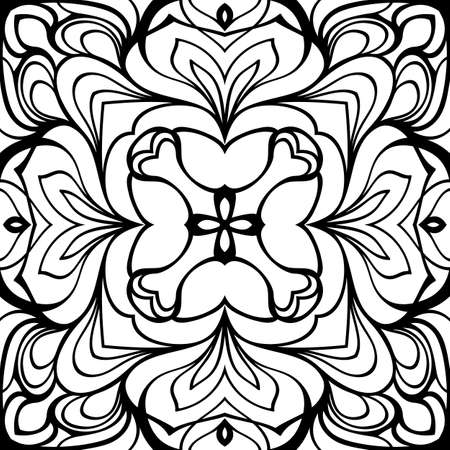 Monochrome mandala. Symmetrical pattern in the square. Contour illustration for color book. Oriental ornament.のイラスト素材