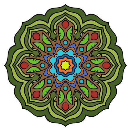 A colorful mandala in the oriental style. Floral pattern in a circle. Symmetrical design with stylized leaves. Graphic rosette for the album.のイラスト素材