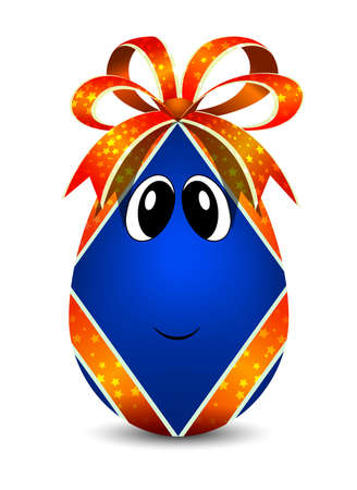 3d egg with a bow and ribbons. Easter cartoon blue character with eyes. Eastern gift for happiness. A beautiful symbol of peace, earth and life. Decorated eggshell.のイラスト素材