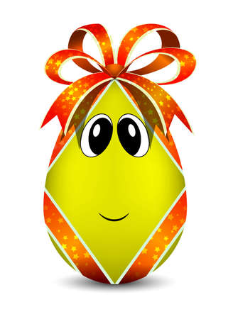 3d egg with a bow and ribbons. Easter cartoon yellow character with eyes. Eastern gift for happiness. A beautiful symbol of peace, earth and life. Decorated eggshell.のイラスト素材
