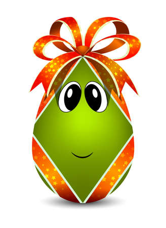 3d egg with a bow and ribbons. Easter cartoon green character with eyes. Eastern gift for happiness. A beautiful symbol of peace, earth and life. Decorated eggshell.のイラスト素材