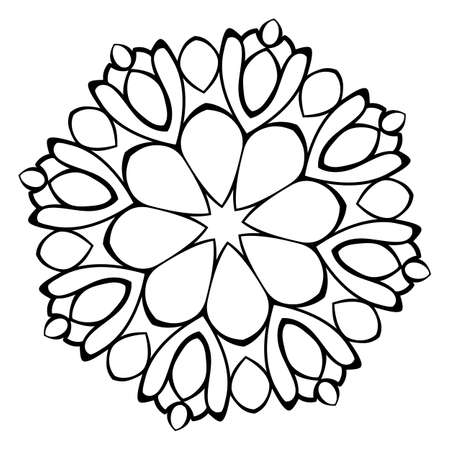Mandala for relaxation. Soothing drawing. Monochrome illustration of rosette. Symmetrical pattern in the circle. Image for color books. Vegetative decorative motif.のイラスト素材
