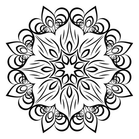 Mandala for relaxation. Soothing drawing. Monochrome illustration of rosette. Symmetrical pattern in the circle. Image for color books. Stylized flower with curls.のイラスト素材