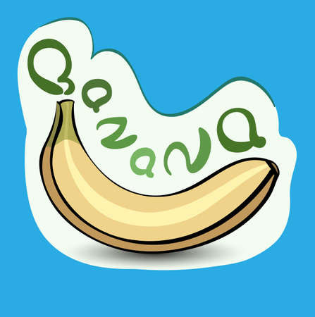 Banana with the title on the label. Sticker with eco product and its name. A beautiful illustration of a tropical fruit. Food in a cartoon style.のイラスト素材