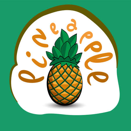 Pineapple with the title on the label. Sticker with eco product and its name. A beautiful illustration of a tropical fruit. Food in a cartoon style.のイラスト素材