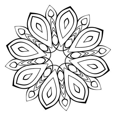 Mandala for relaxation. Soothing drawing. Monochrome illustration. Symmetrical pattern in the circle. Image for color books. Dynamic decorative motive.のイラスト素材