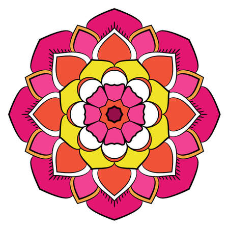 Bright colored mandala. A repeating pattern in the circle. A beautiful image for scrapbook. Picture for relaxation. Stylized flower with eight petals.のイラスト素材