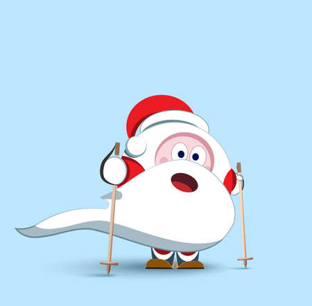 Lovely Santa Claus. Christmas symbol. Stylized character. New Year sticker. Illustration with emotion. A bearded old man in a red fur coat. The child hero is skiing.のイラスト素材