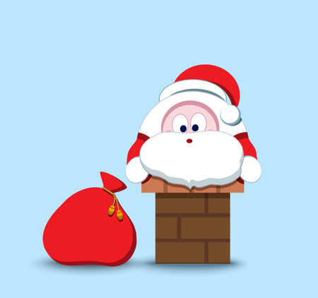 Lovely Santa Claus. Christmas symbol. Stylized character. New Year sticker. Illustration with emotion. A bearded old man in a red fur coat. The child hero climbs into the chimney.のイラスト素材