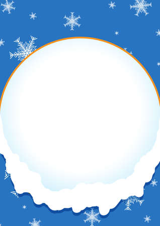 Christmas vintage background of standard size. Blue backdrop with a pattern. Banner with white background for text. Template for the poster. Texture with snowflakes. Round form for the announcement.のイラスト素材