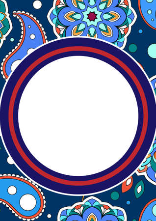 Vintage background of standard size. Banner with white background for text. Template for the poster. Texture with paisley cucumbers. Round form for the announcement.のイラスト素材