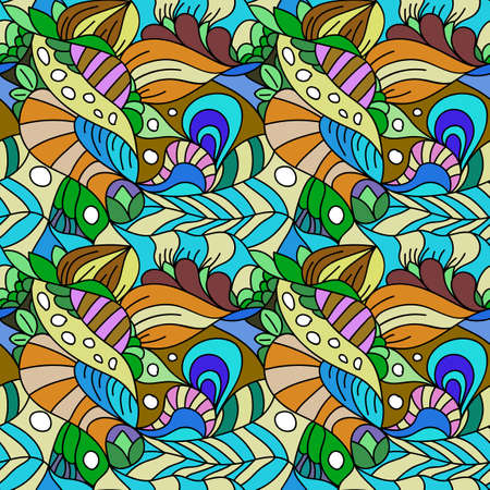 Seamless psychedelic pattern. Beautiful colorful background. Backdrop for the preview. Drawing in retrostile. Vintage image.のイラスト素材