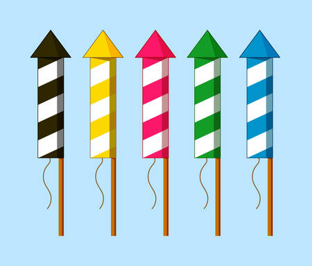 Set of colorful fireworks rockets. Pyrotechnics for the holidays. New year's crackers for fun.のイラスト素材