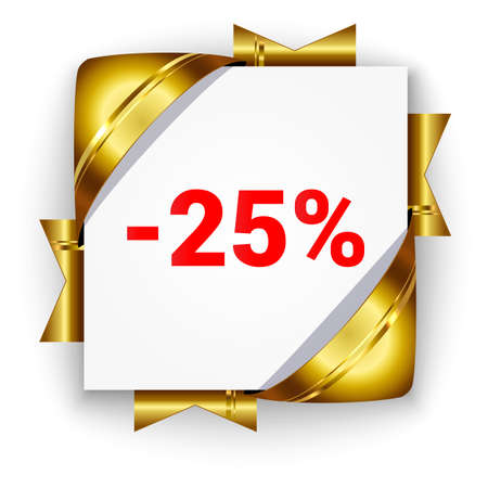 Golden 3d discount banner. White square background tied with ribbons. Sign of 25 percent. Realistic ads for the Internet and print. button for websites.のイラスト素材