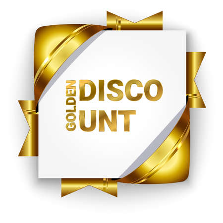 Golden 3d discount banner. White square background tied with ribbons. Discount with gold text. Realistic ads for the Internet and print. Button for websites.のイラスト素材