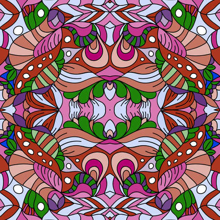 Seamless psychedelic pattern. Beautiful colorful background. Backdrop for the preview. Drawing in retrostile. Vintage image.のイラスト素材