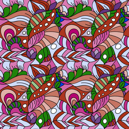 Seamless psychedelic pattern. Beautiful colorful background. Backdrop for the preview. Drawing in retrostile. Vintage image.のイラスト素材