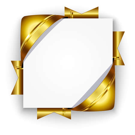 Golden 3d discount banner. White square background tied with bright ribbons. Realistic ads for the Internet and print. button for websites.のイラスト素材