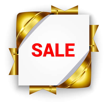Golden 3D banner for sale. White square background tied with bright ribbons. Realistic ads for the Internet and print. button for websites.のイラスト素材