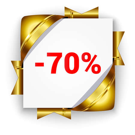 Golden 3d discount banner. White square background tied with ribbons. Sign of 70 percent. Realistic ads for the Internet and print. button for websites.のイラスト素材
