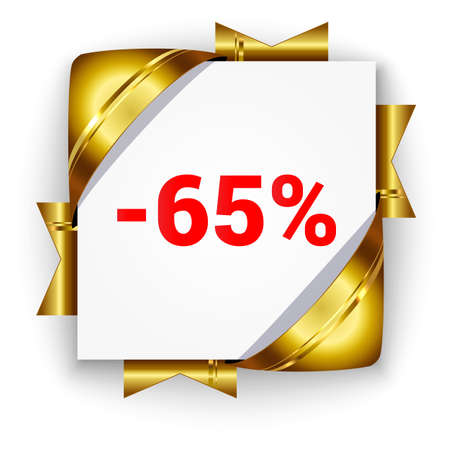Golden 3d discount banner. White square background tied with ribbons. Sign of 65 percent. Realistic ads for the Internet and print. button for websites.のイラスト素材