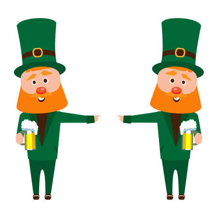 Saint Patrick's cartoon. A man with a red beard in an emerald suit. Cheerful man with a mug of foamy beer.のイラスト素材
