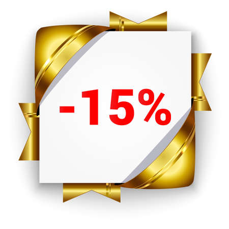 Golden 3d discount banner. White square background tied with ribbons. Sign of 15 percent. Realistic ads for the Internet and print. button for websites.のイラスト素材