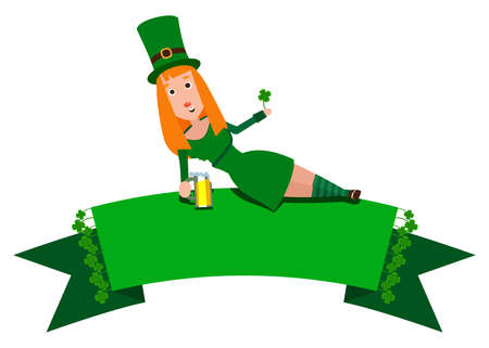 Festive Ribbon with clover and girl Saint Patrick. Woman with red hair lying on the banner. Cheerful man in the green suit with a mug of foamy beer.のイラスト素材