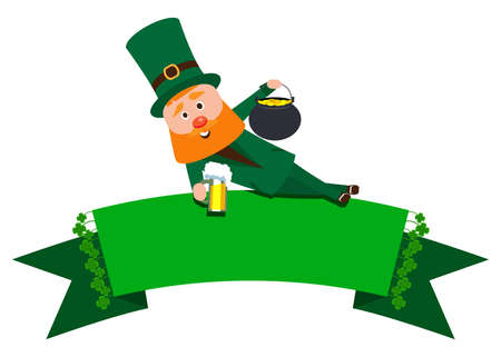 Festive Ribbon with clover and St. Patrick. The man with the red beard is the banner. Cheerful man in the green suit with a mug of foamy beer and a pot of gold.のイラスト素材