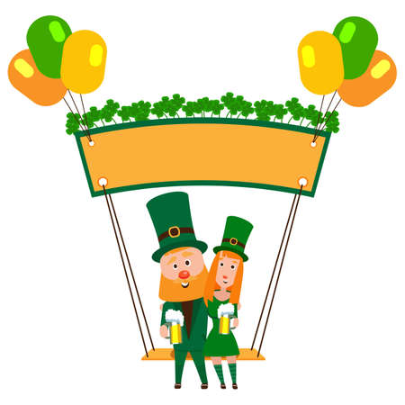 Saint Patrick with a girl on a swing under the banner of clover. Cartoon character. A man with a red beard and a woman in an emerald suit. Cheerful young people with a mug of foamy beer.のイラスト素材