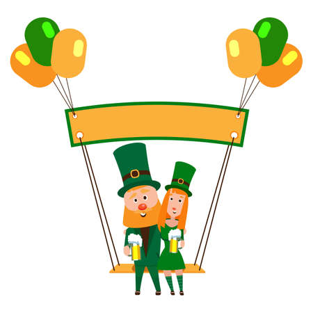 Saint Patrick with a girl on a swing under the banner. Cartoon character. A man with a red beard and a woman with red hair in an emerald suit. Cheerful young people with a mug of foamy beer.のイラスト素材