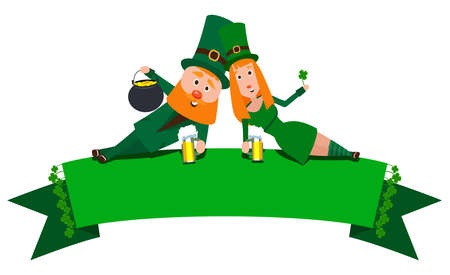 Saint Patrick with a girl lying on the banner. Cartoon character. A man with a red beard and a woman with red hair in an emerald suit. Cheerful young people with a mug of foamy beer.のイラスト素材