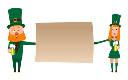 Saint Patrick with a girl. Cartoon character. A man with a red beard and a woman with red hair in an emerald suit. Cheerful young people with a mug of foamy beer. People holding a banner.のイラスト素材