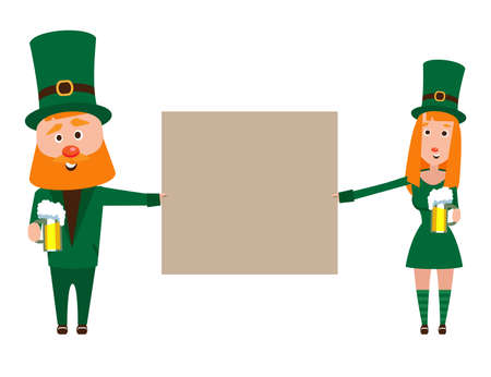 Saint Patrick with a girl. Cartoon character. A man with a red beard and a woman with red hair in an emerald suit. Cheerful young people with a mug of foamy beer. People presenters banner.のイラスト素材