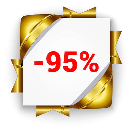 Golden 3d discount banner. White square background tied with ribbons. Sign of 95 percent. Realistic ads for the Internet and print. button for websites.のイラスト素材