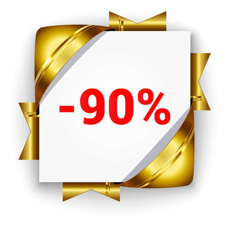 Golden 3d discount banner. White square background tied with ribbons. Sign of 90 percent. Realistic ads for the Internet and print. button for websites.のイラスト素材