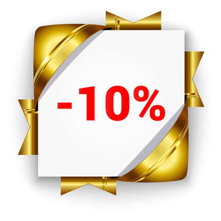 Golden 3d discount banner. White square background tied with ribbons. Sign of 10 percent. Realistic ads for the Internet and print. button for websites.のイラスト素材