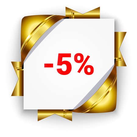 Golden 3d discount banner. White square background tied with ribbons. Sign of 5 percent. Realistic ads for the Internet and print. button for websites.のイラスト素材